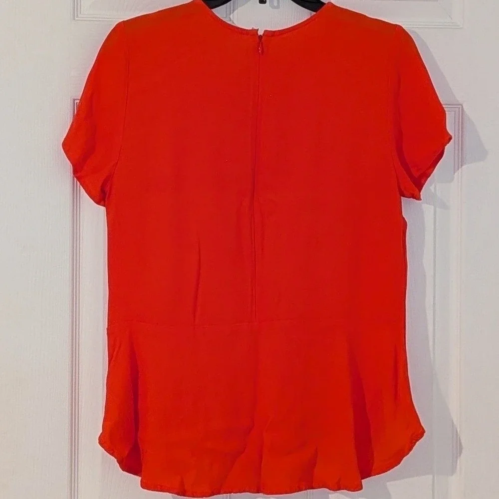 Michael Kors Red Orange Short Sleeve Peplum Blouse Crew Neck Crepe Top Small‎